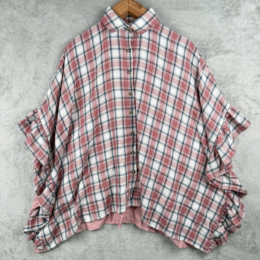 IJOAH Top Women M Multicolor Plaid Ruffle Sleeve Button Up Oversized Boho Poncho